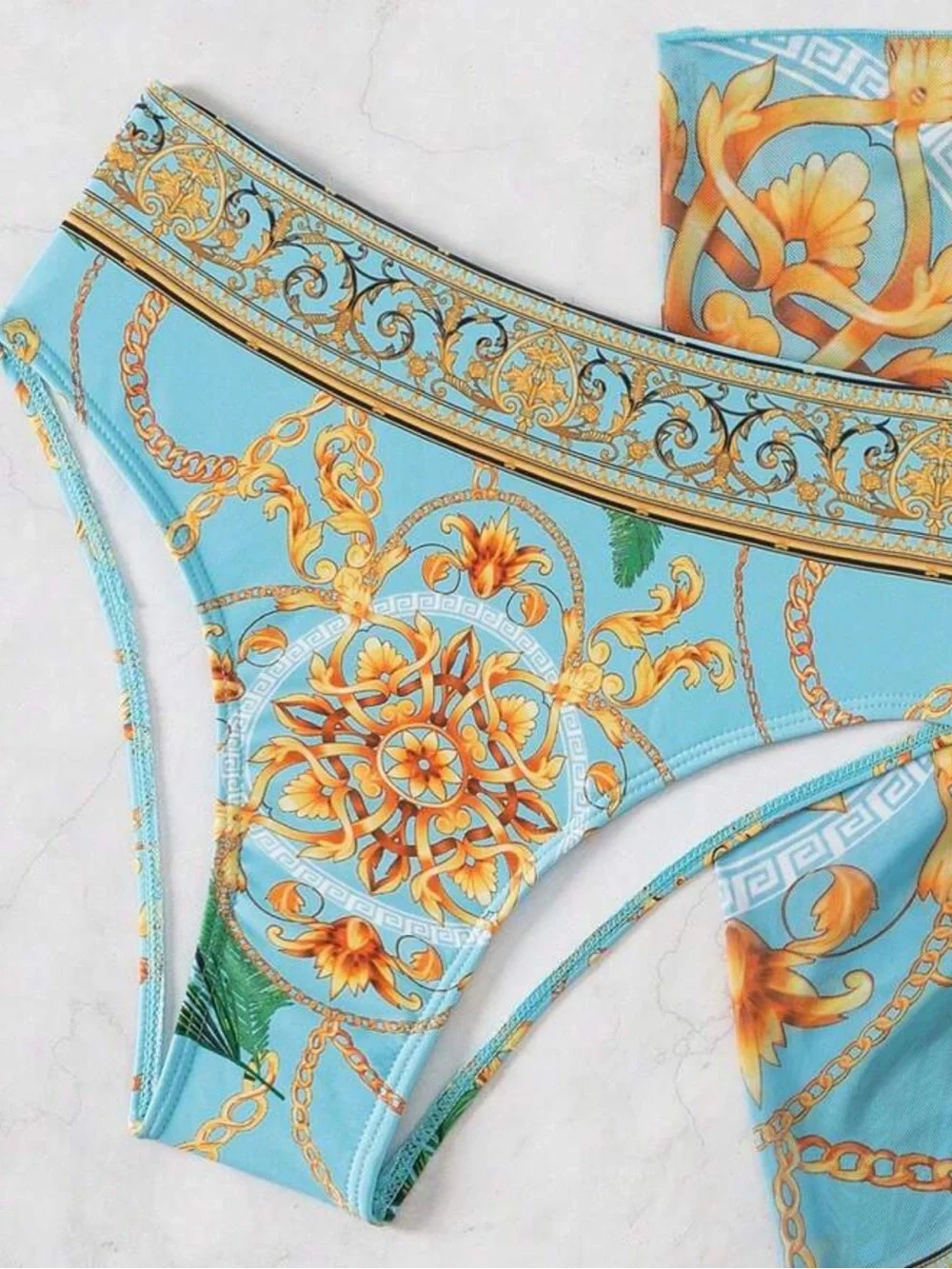 Women's Blue and Gold Printed Bikini Set with Sarong Cover-Up